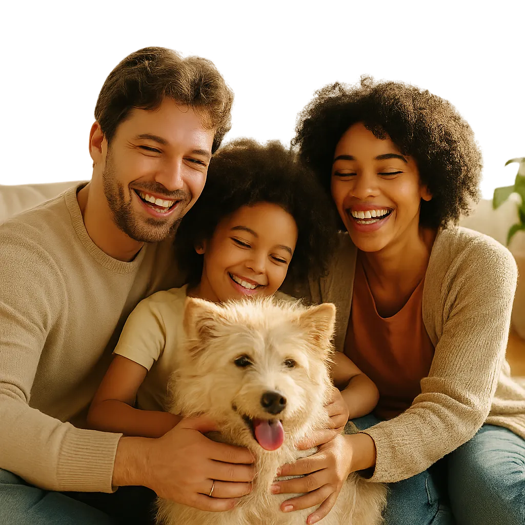 A happy family cuddling their rescue dog