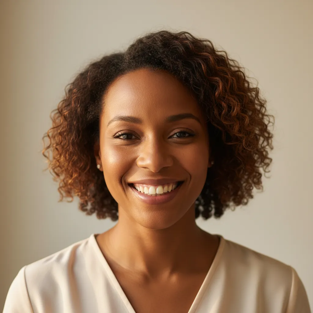 Realistic head-and-shoulders portrait of Monique R., 220x220, African American woman