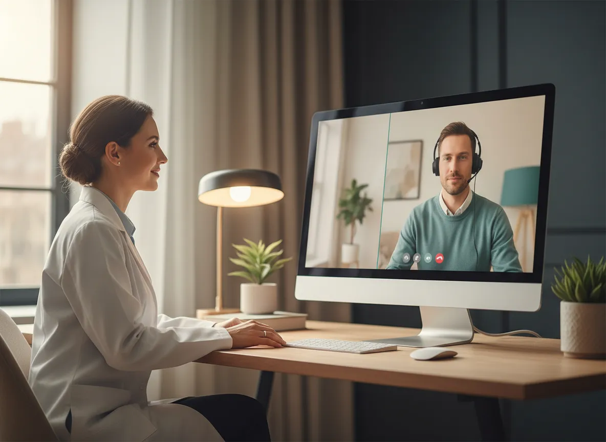 Clinician on video call with virtual clinical support specialist