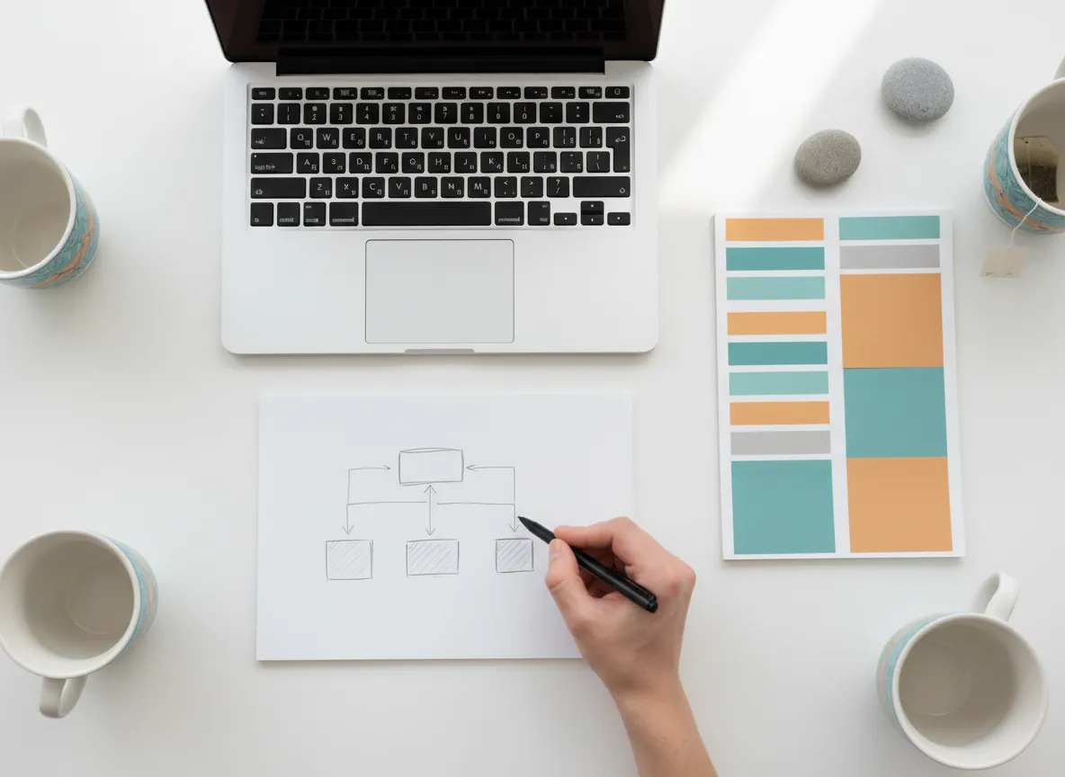 Strategic planning session with sticky notes and a laptop