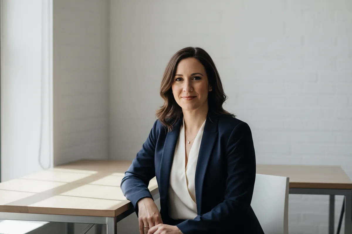 Professional portrait of Riley Hart, a warm, confident female coach seated at a modern studio desk.
