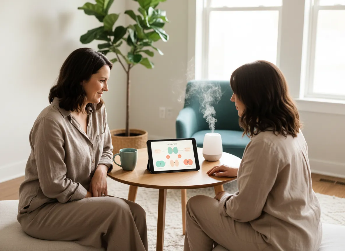 Coach talking with client about hormone health