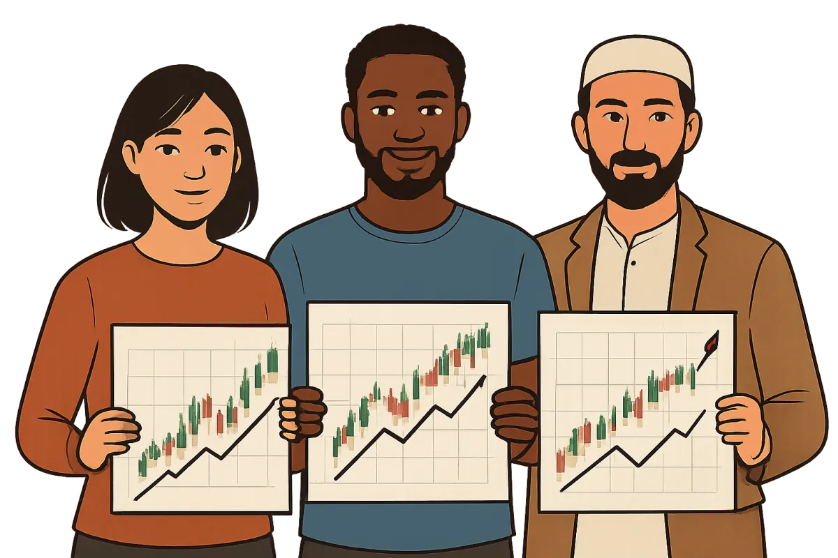 A digital illustration of three diverse individuals—an Asian woman, a Black man, and a Middle Eastern man—standing together, each holding a trading chart. The figures are fully isolated on a transparent background, with no props or scenery, symbolizing unity and ambition.