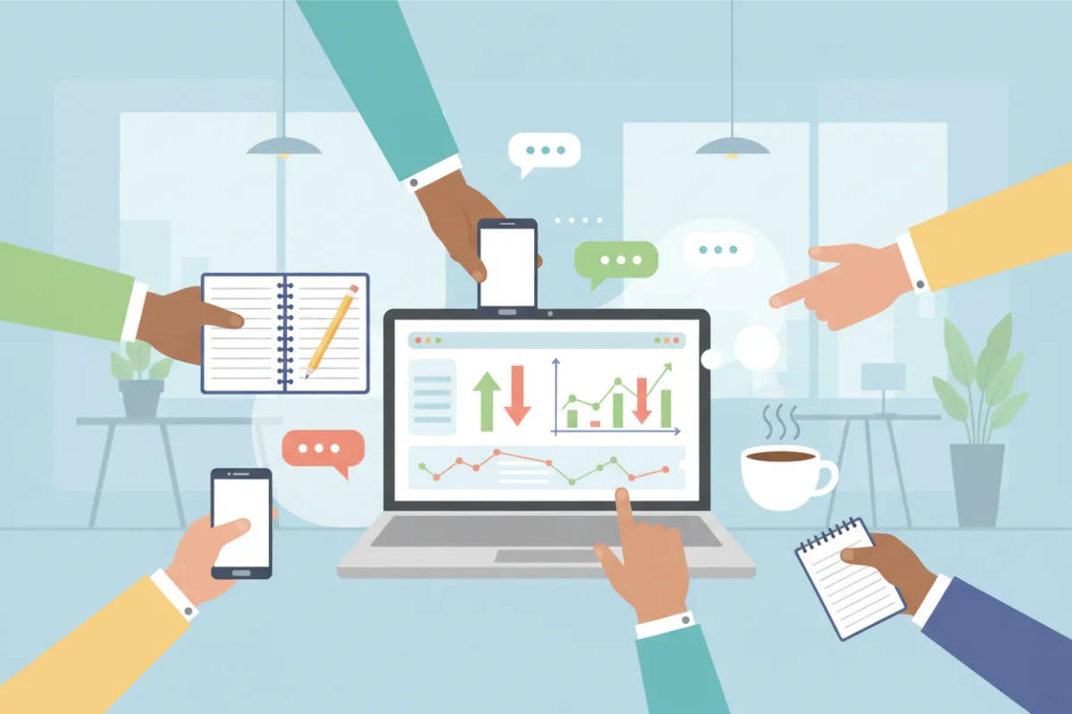 A flat vector illustration showing a laptop open to a trading dashboard, surrounded by diverse hands holding notepads, a smartphone, and a coffee cup. The background is a bright, modern workspace, evoking collaboration and learning among aspiring traders.