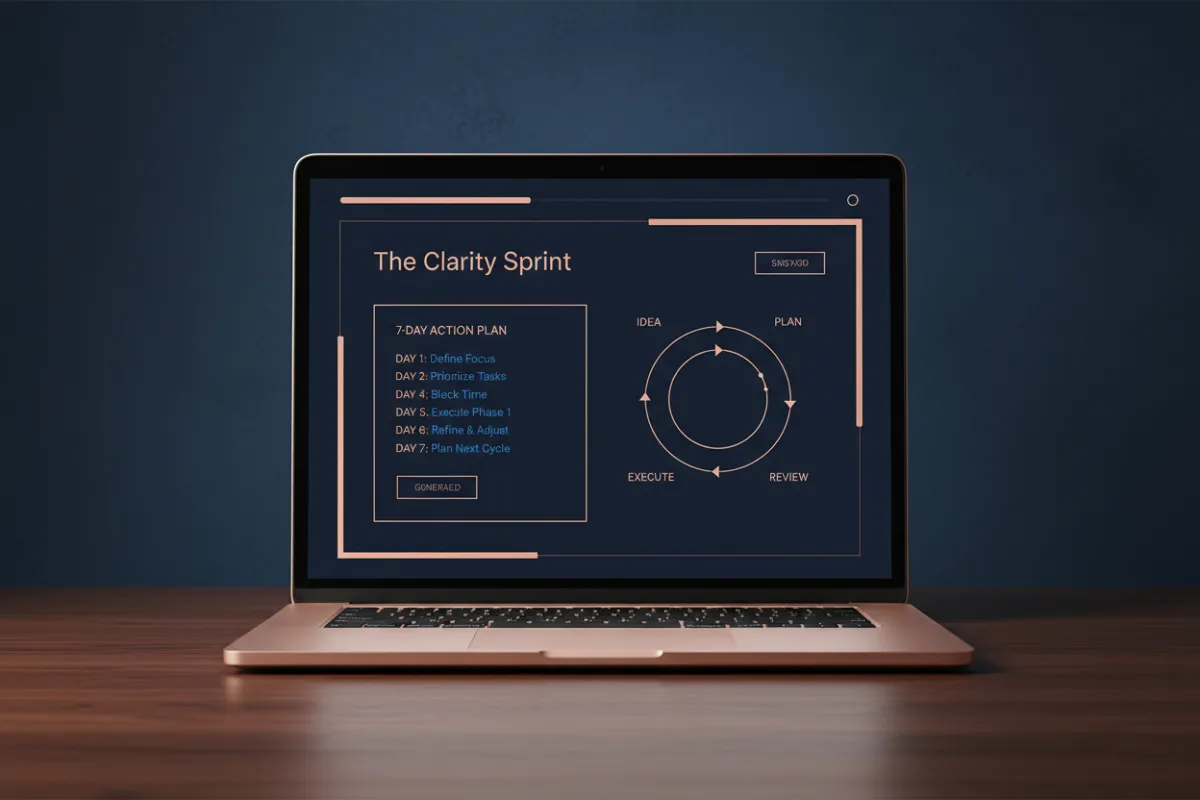 Landscape laptop mockup showing The Clarity Sprint interface
