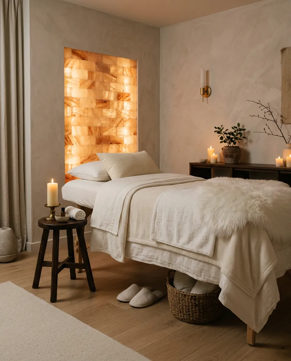 Elegant candle-lit minimalist wellness studio with a subtle Himalayan pink salt glow; premium, relaxing spa ambiance (portrait 4:5).