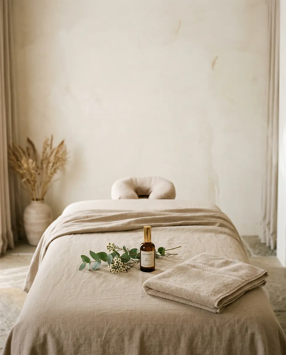 Serene luxury massage setting with warm ambient lighting and natural botanicals