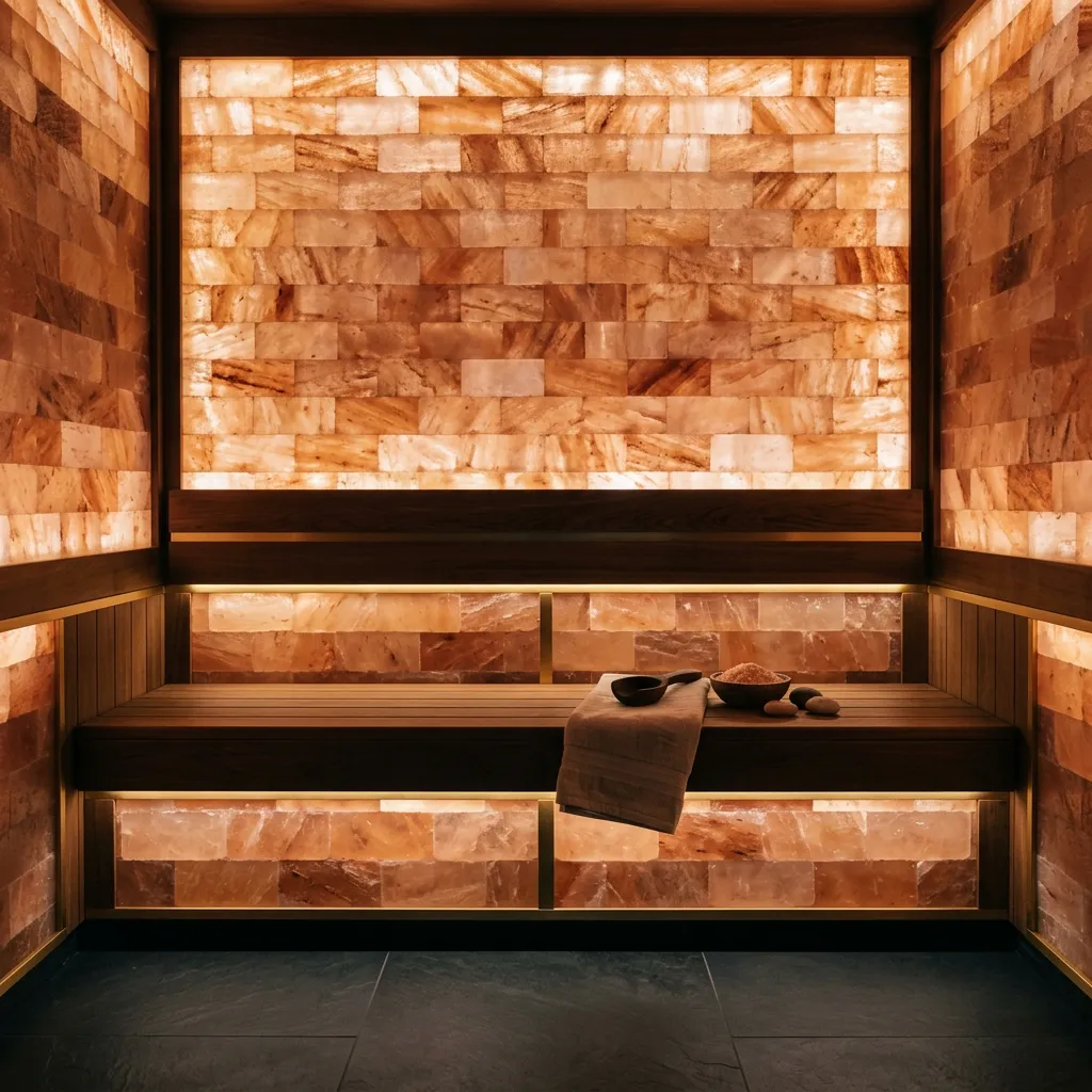 Serene Himalayan pink salt sauna with ambient amber backlighting and cedar wood bench seating