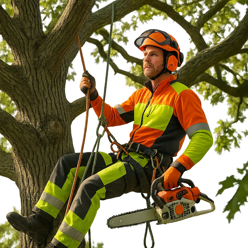 Professional arborist in high-vis gear suspended in a tree