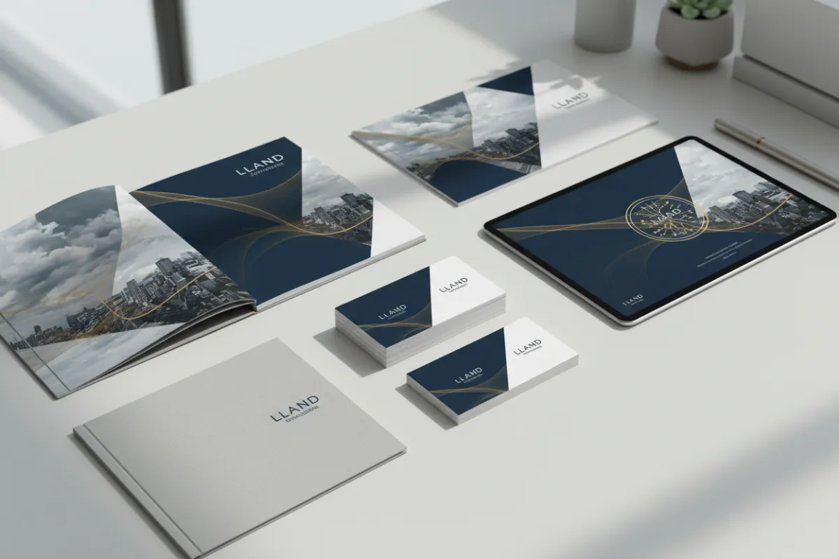 A set of branded business materials including cards, a proposal document, and a digital presentation, all featuring consistent professional photography and color schemes. The layout is organized on a clean desk, with subtle lighting and a modern, executive style.