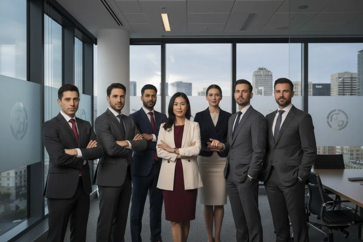 A diverse group of business professionals, including men and women of various ages and ethnicities, stand confidently in a modern office with large windows. The composition highlights sharp attire, natural lighting, and subtle branding elements, conveying professionalism and unity. The image is crisp, with a balanced color palette and a forward-looking, executive atmosphere.