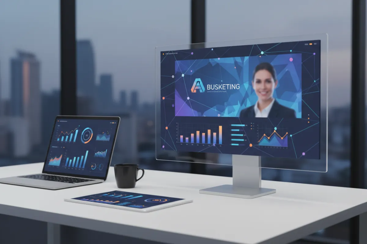 A digital marketing dashboard displaying analytics, with a prominent branded ad featuring a professional business portrait. The workspace is modern, with a laptop, tablet, and coffee cup, suggesting active campaign management and strategic planning.