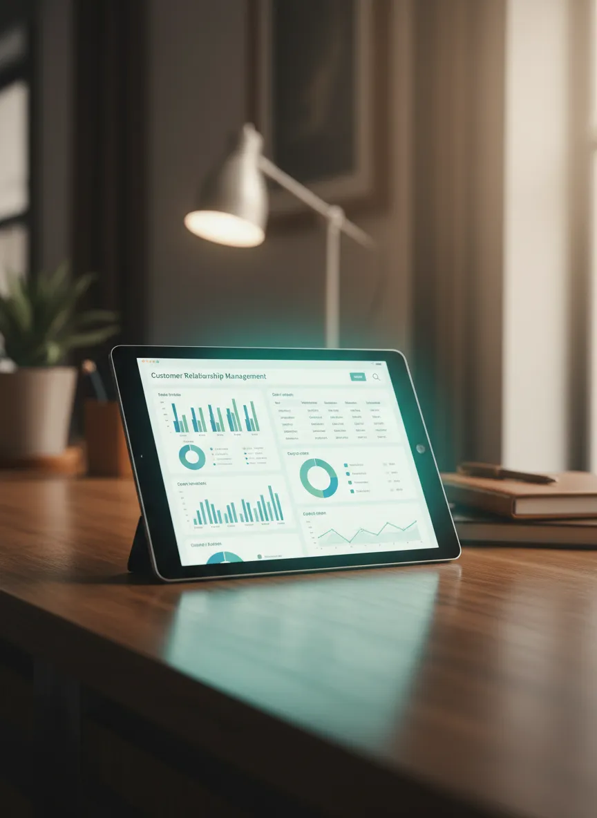 Tablet displaying CRM dashboard on a counter