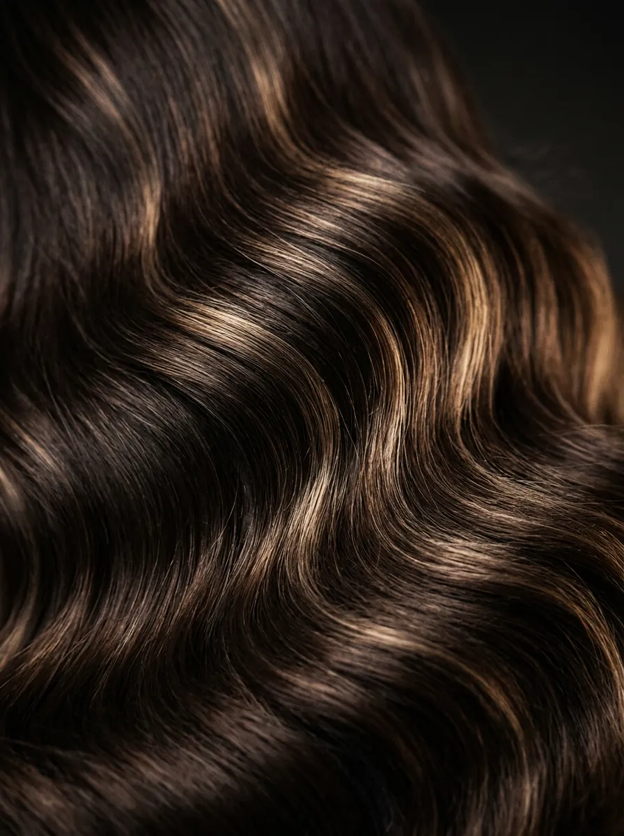 Detailed view of fluid hair texture and invisible hybrid extension application