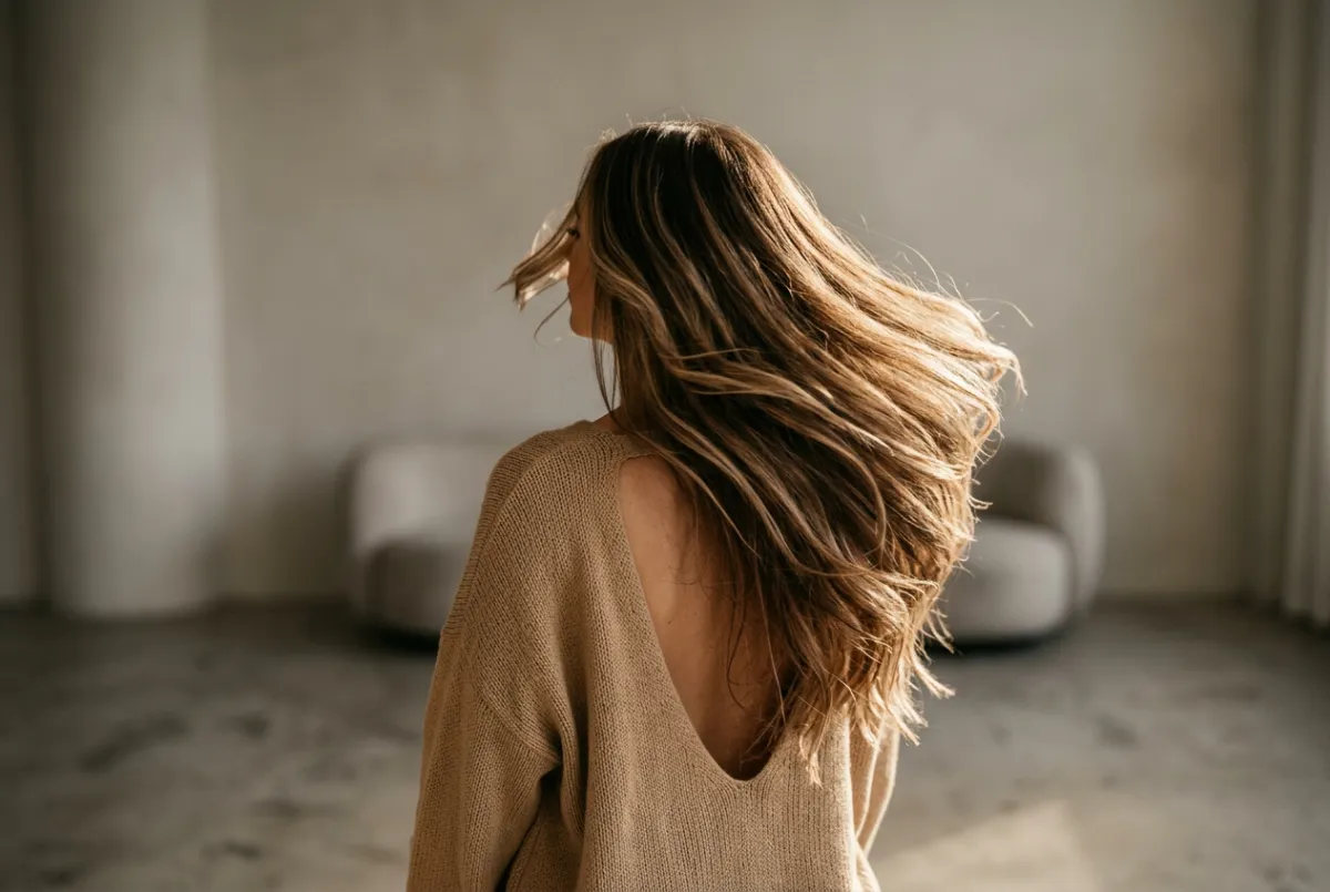 Wide lifestyle lookbook shot showing natural balayage extension flow and dimensional shine