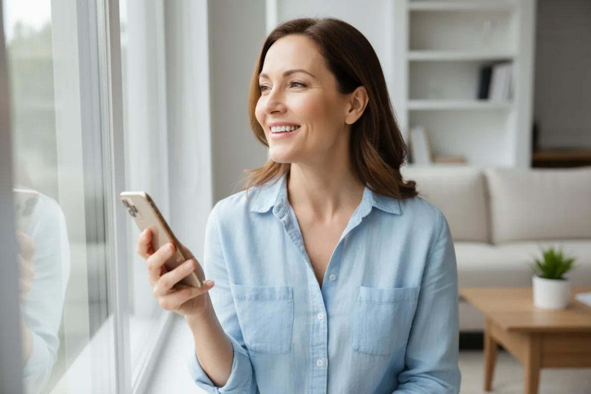 A smiling woman in her 40s stands by a window, phone in hand, sunlight illuminating her face. She appears relieved and optimistic, suggesting she has just scheduled a helpful appointment. The background is a tidy, modern home interior.