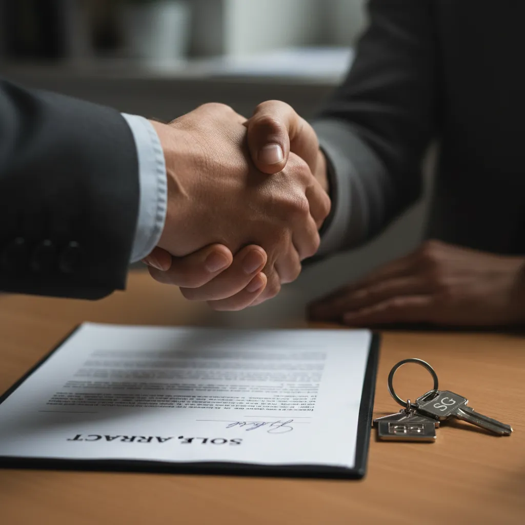A close-up of two hands shaking over a signed real estate contract, with a set of house keys on the table. The image symbolizes trust, agreement, and Seller's Guide's commitment to client satisfaction.