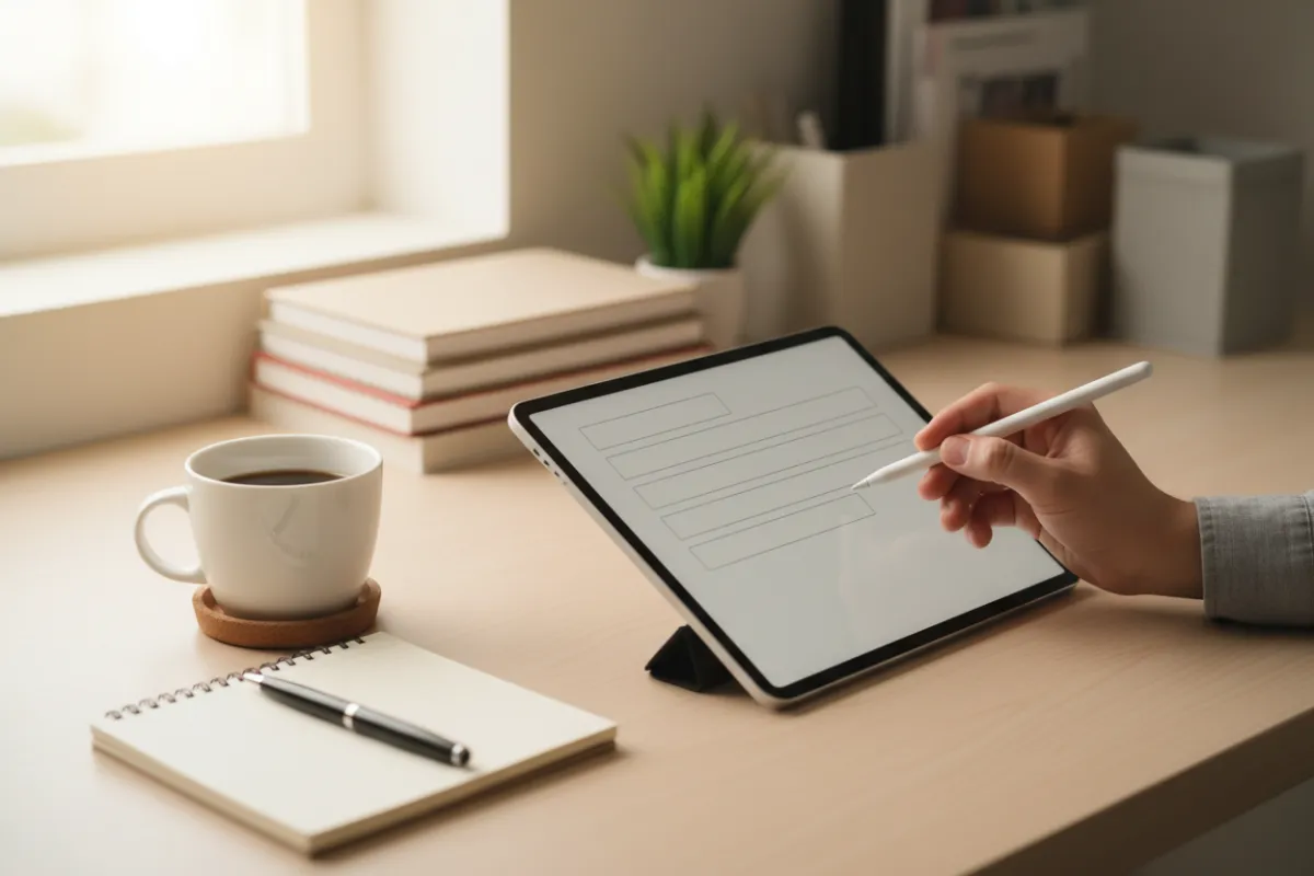 A hand filling out a contact form on a tablet in a bright, organized home office.