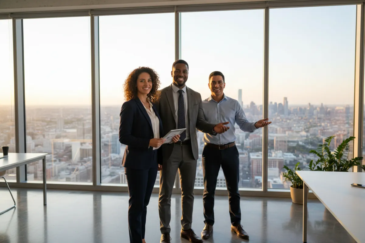 A diverse team of three real estate professionals—one woman, two men—stand together in a modern office, smiling confidently. The background features floor-to-ceiling windows and city views, emphasizing expertise and approachability.