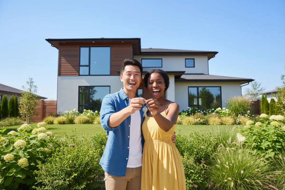 A diverse young couple stands in front of a modern suburban house, holding a set of keys and smiling with excitement. The background features a bright blue sky and lush landscaping, conveying optimism and new beginnings.