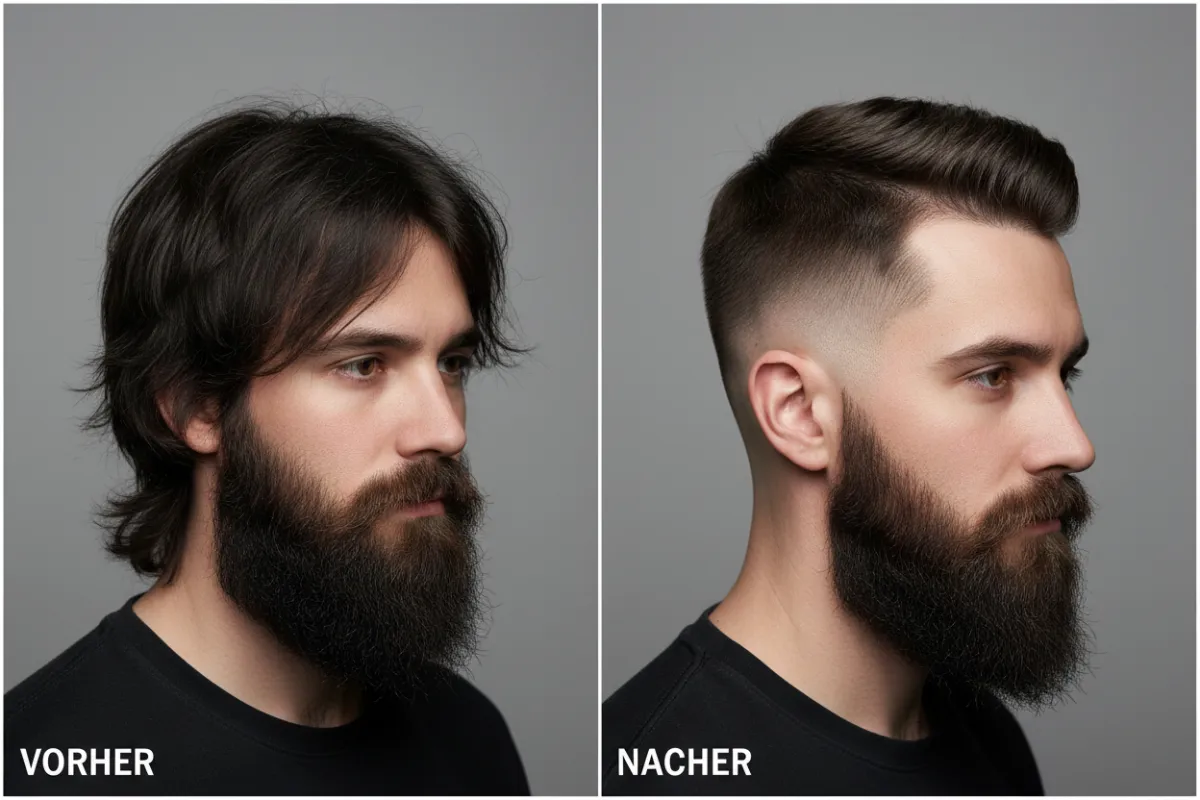Herren Haarschnitt Vorher/Nachher mit präzisem Fade und sauberer Bart-Linie.