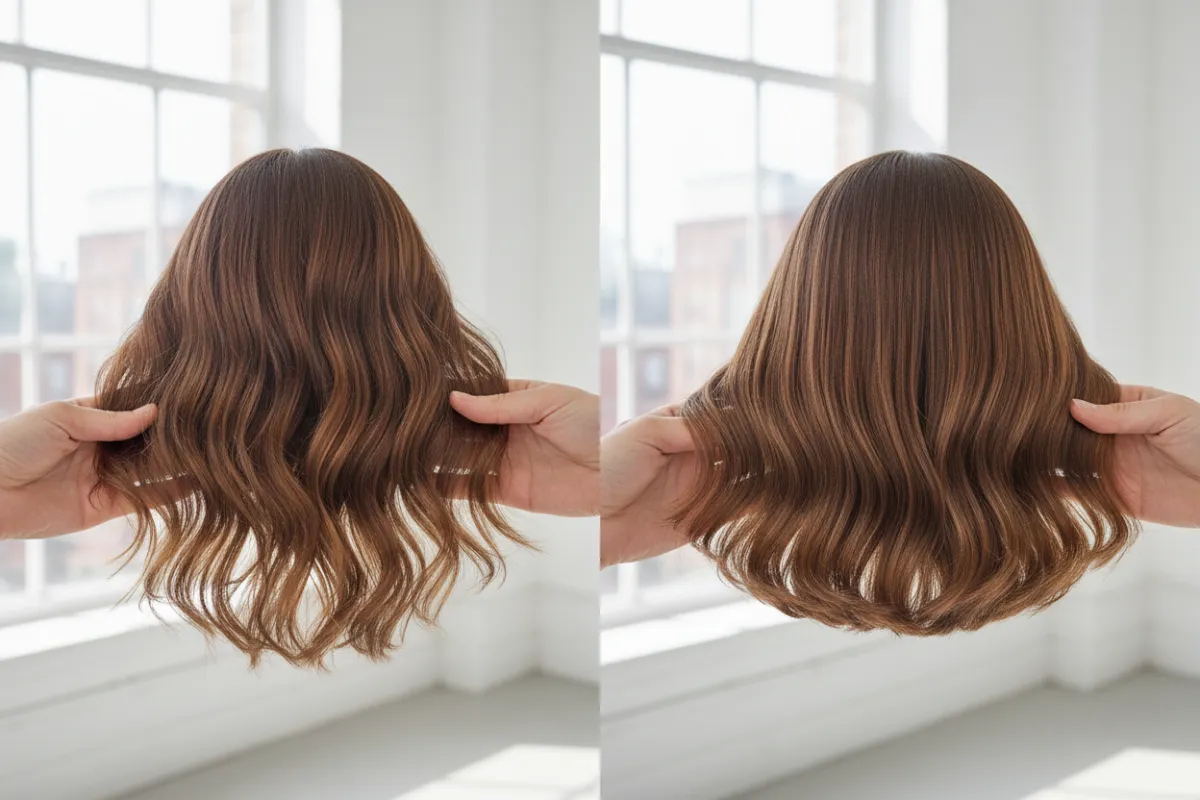 Vorher/Nachher Schulterlanges Haar mit frischen Wellen und sauberem Schnitt im Studio.