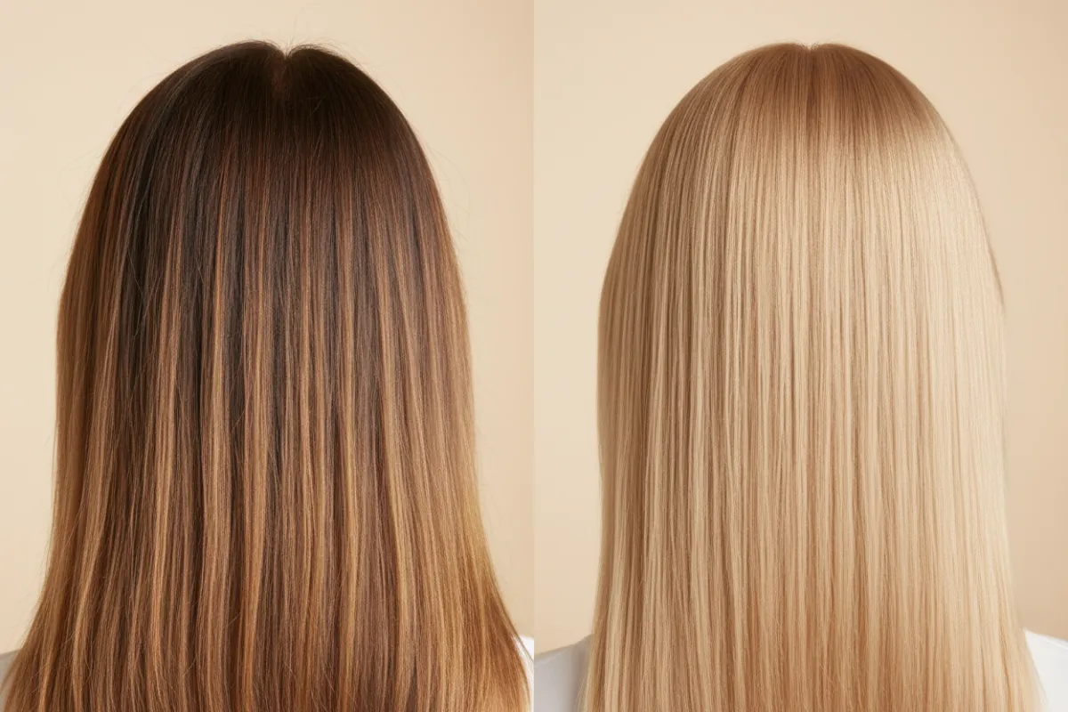 Blondierung Vorher/Nachher mit sauber aufgehellten Längen und natürlicher Dimension.
