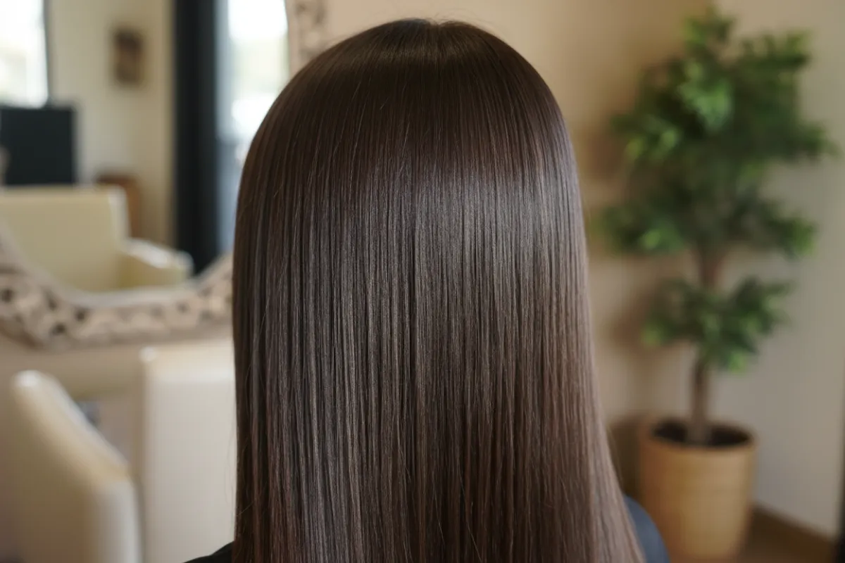 Keratin-Ergebnis mit glänzend glatten, mittel-langen Haaren im Salon.