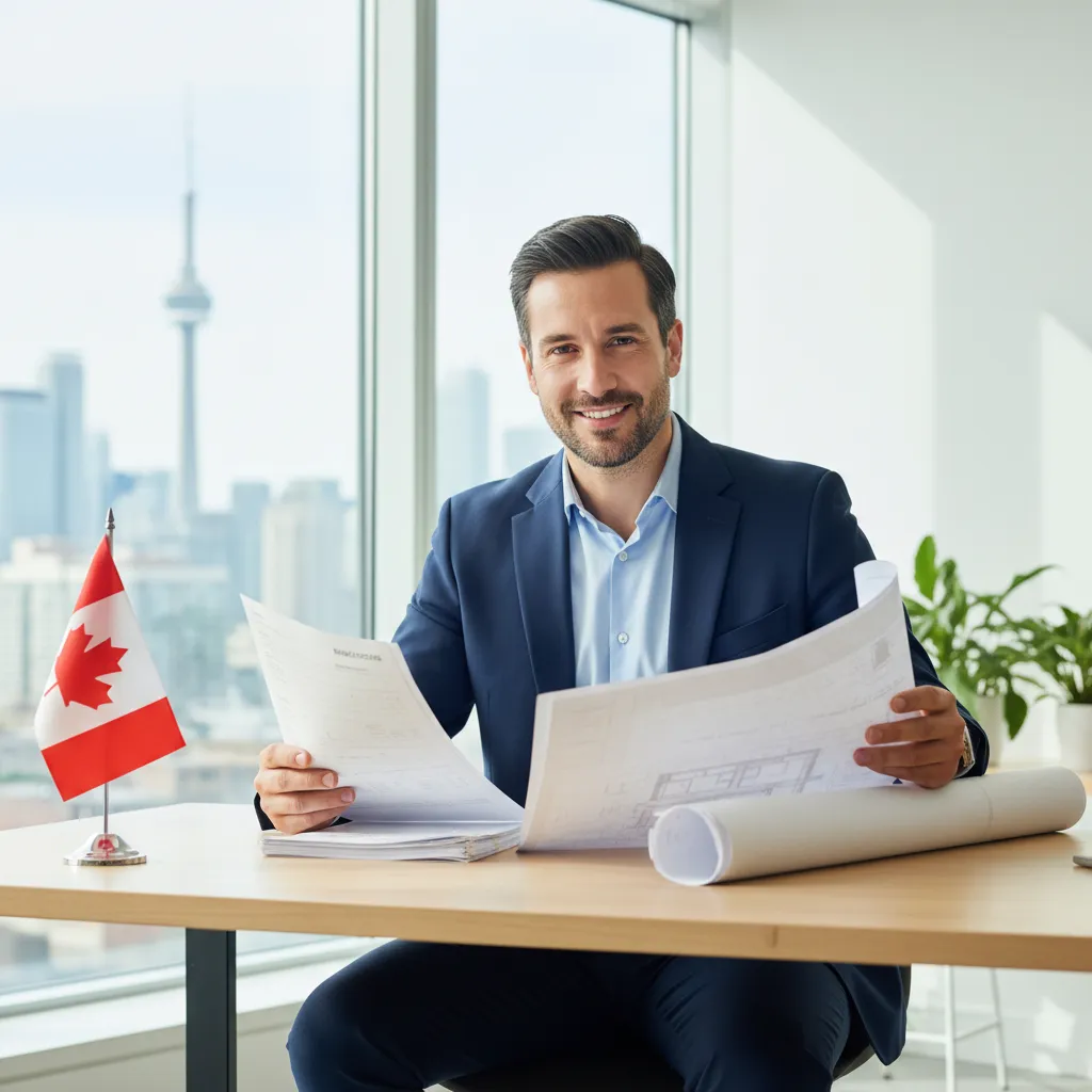 Professional man in business casual reviewing construction invoices with a friendly smile in a bright office.
