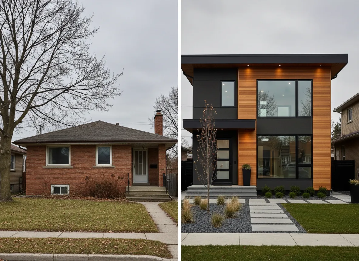 Before and after split of an Ontario bungalow transformed into a two-story modern home.