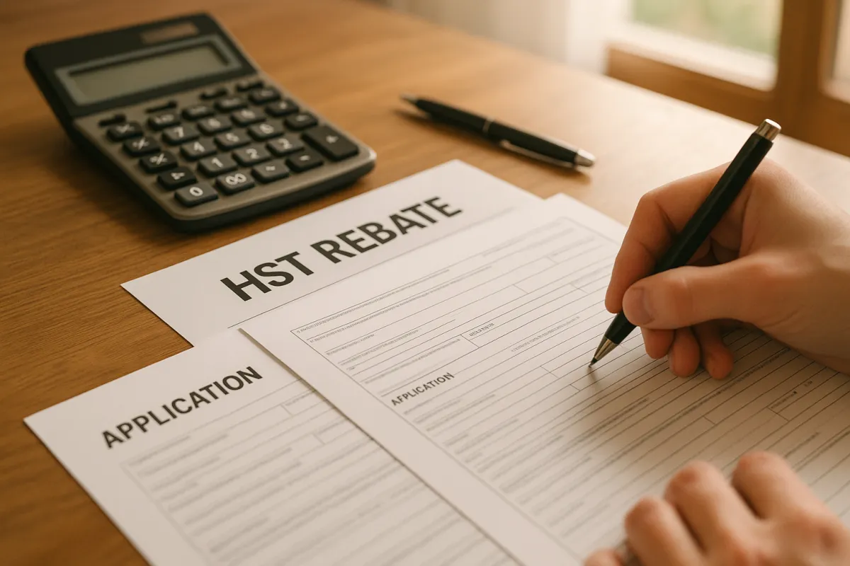Close-up of HST rebate documents and forms with calculator and pen on a wooden table, hands filling an application.