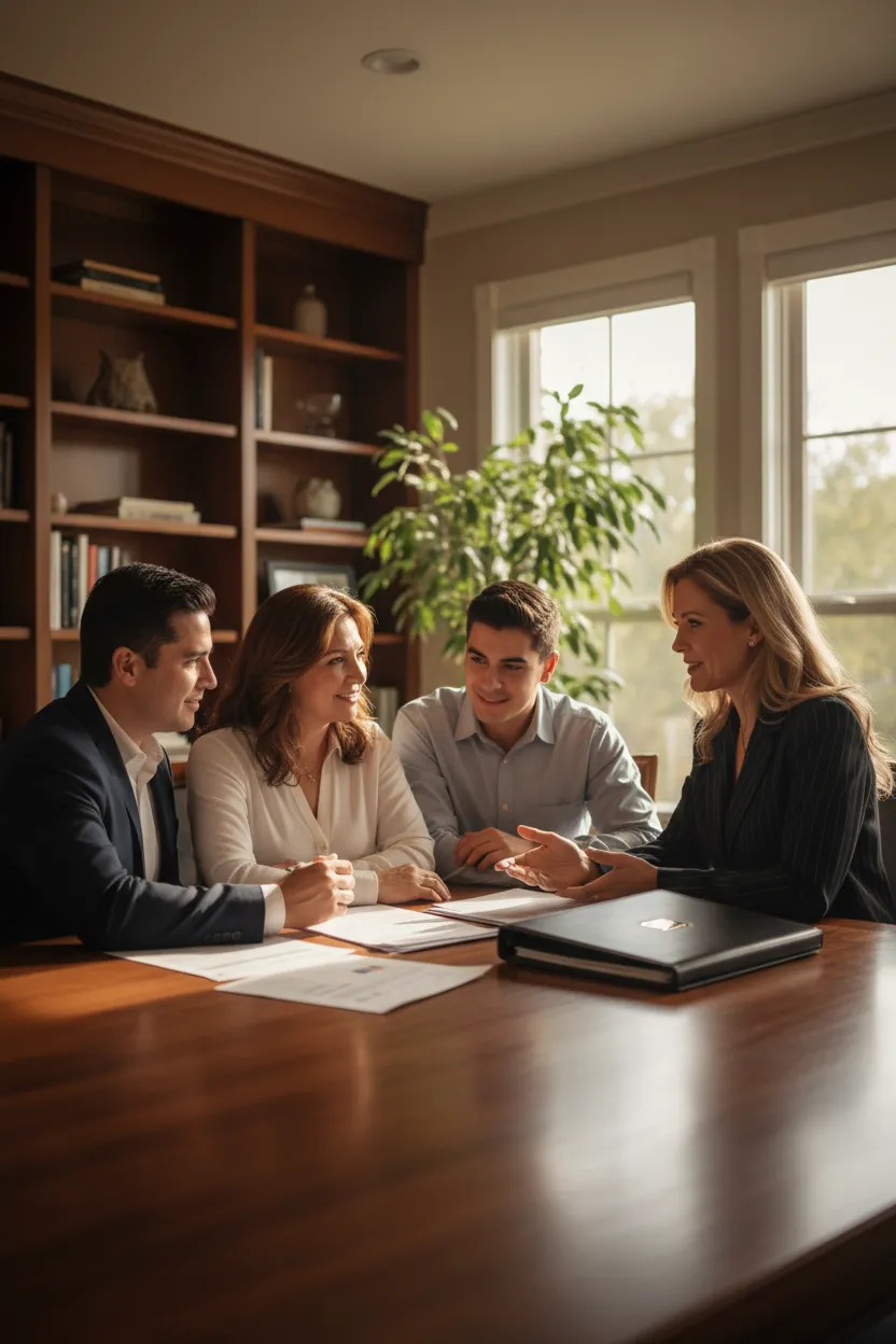 Familia hispana revisando documentos financieros