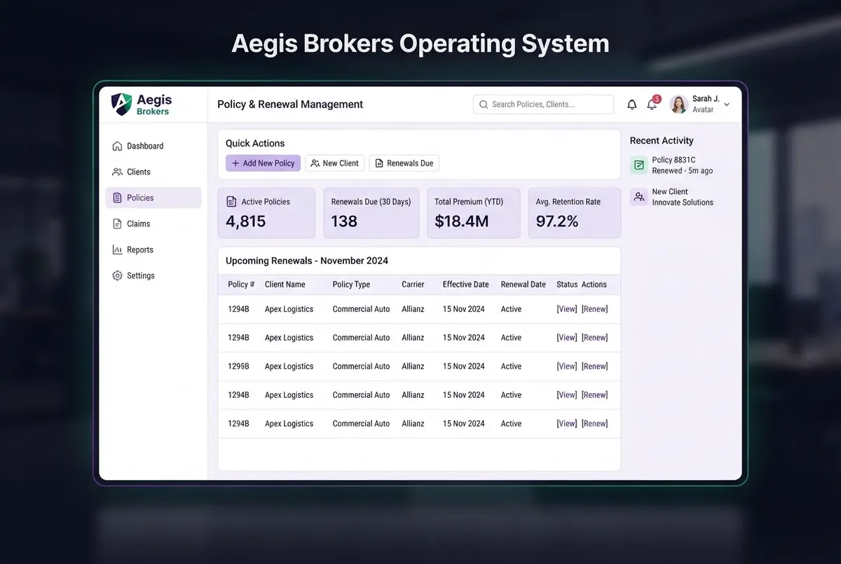 Insurance Brokerage Operating System interface showing policy management workflows