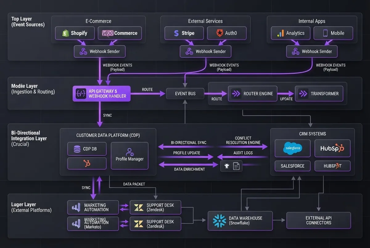 Technical architecture diagram of webhook routing and bi-directional CRM integration layers