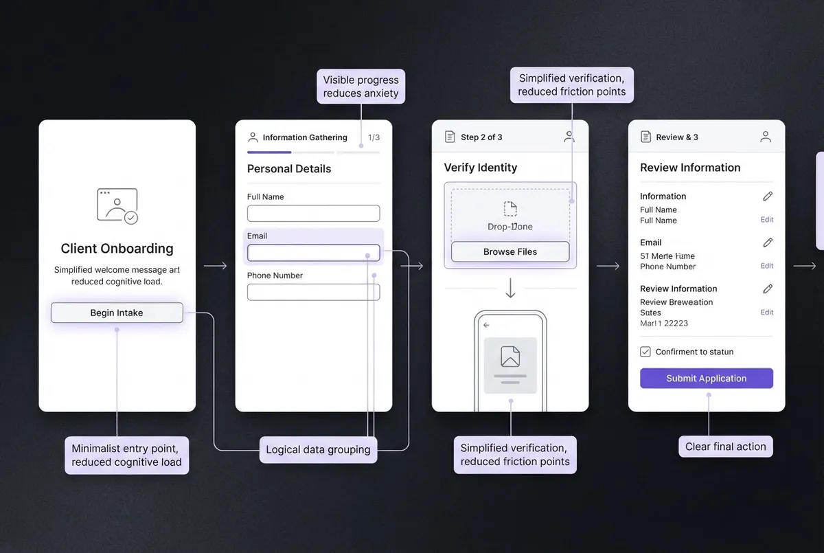 Interface wireframe showing UX clarity improvements and streamlined customer intake steps