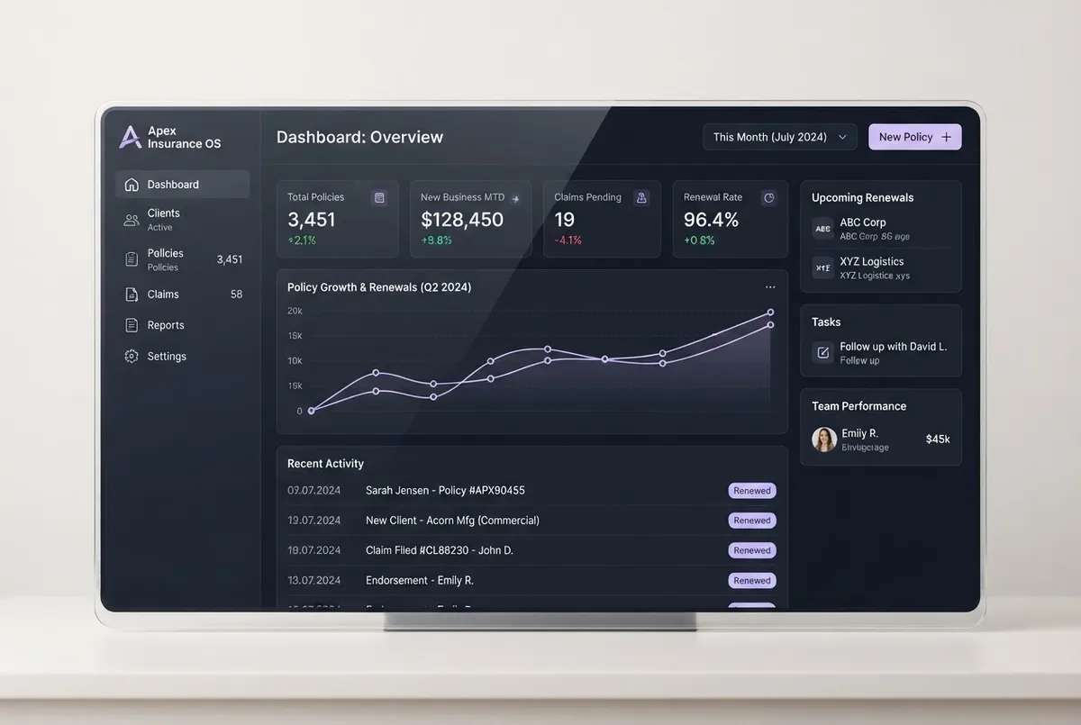 Insurance Brokerage Operating System ledger interface showing structured quote pipelines and policy data models