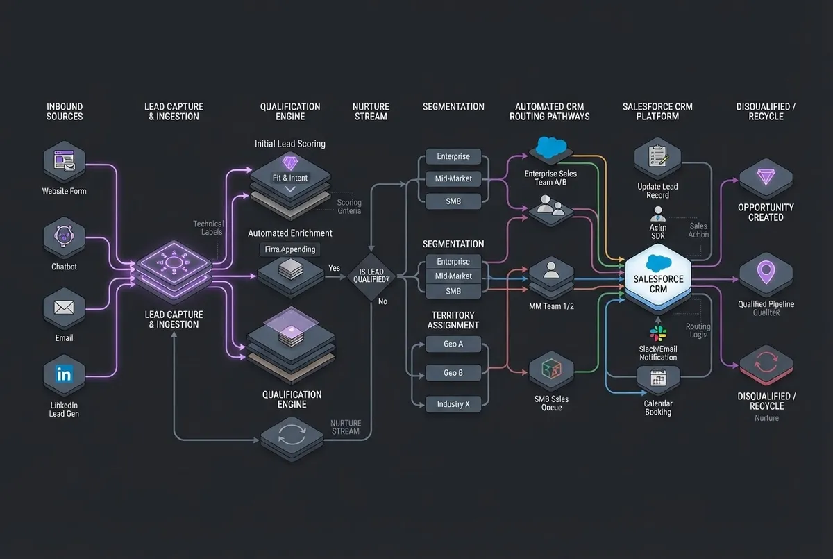 Diagram showing inbound lead qualification logic and automated CRM routing pathways
