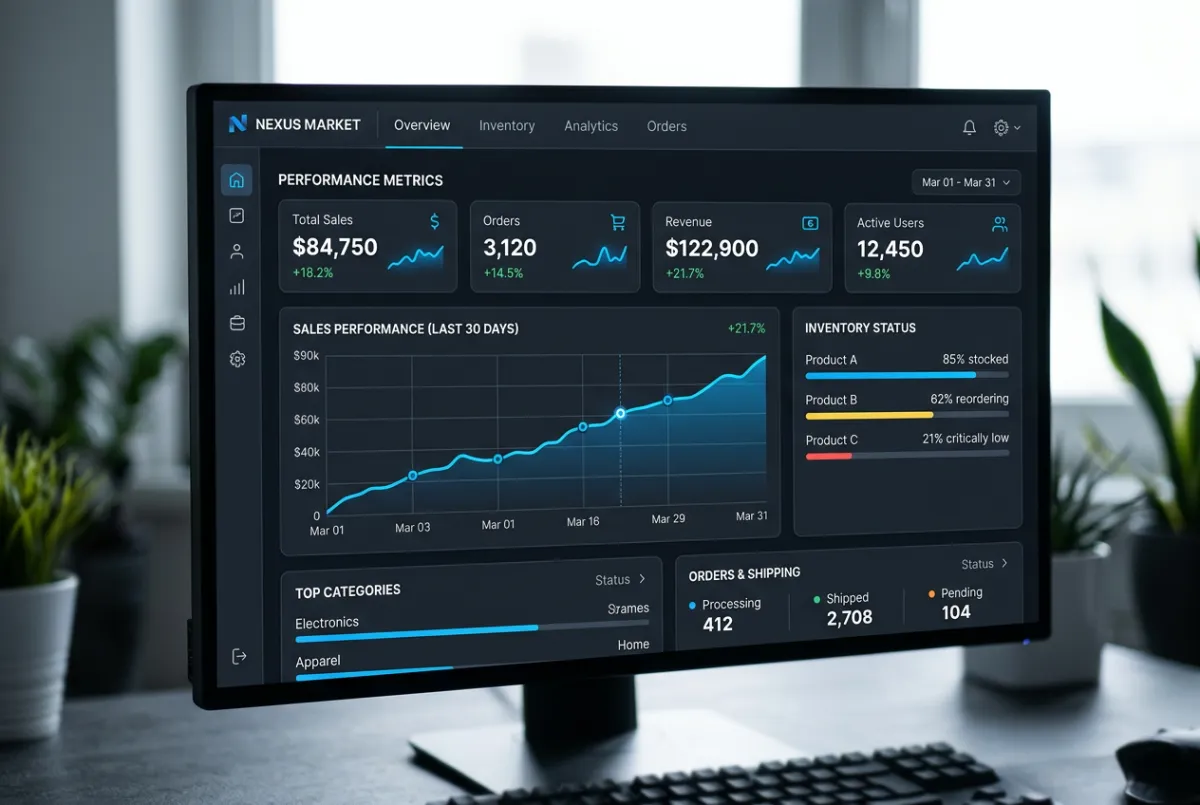 Technical e-commerce marketplace seller dashboard showing performance metrics and inventory status