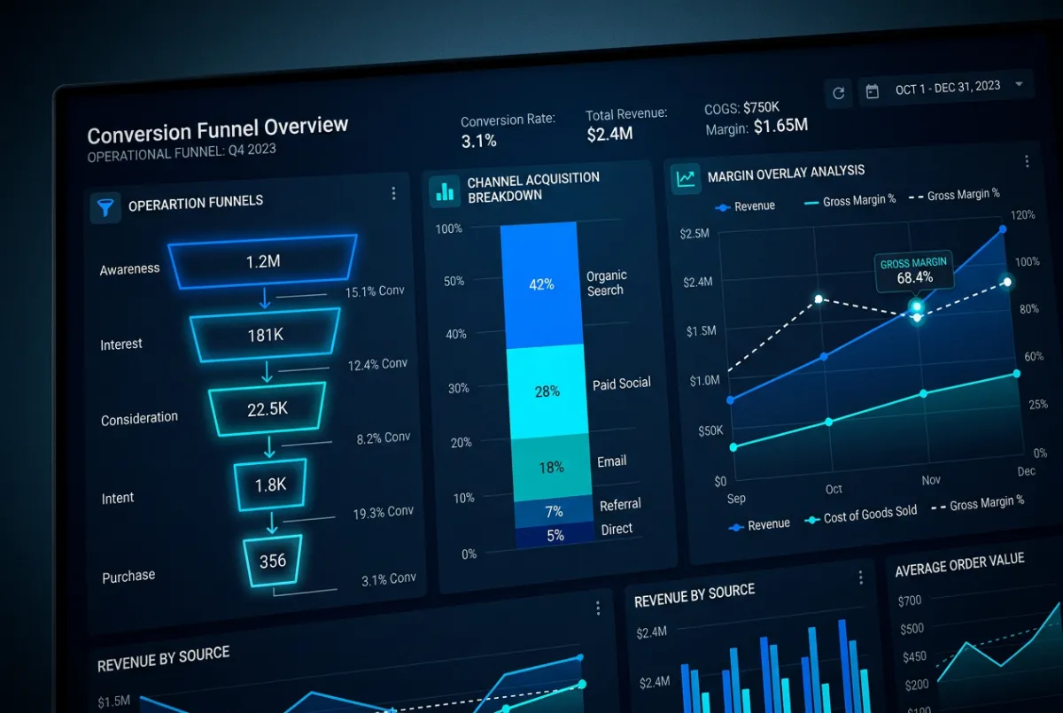 Data analytics screen displaying e-commerce conversion rates and net profit margin breakdown