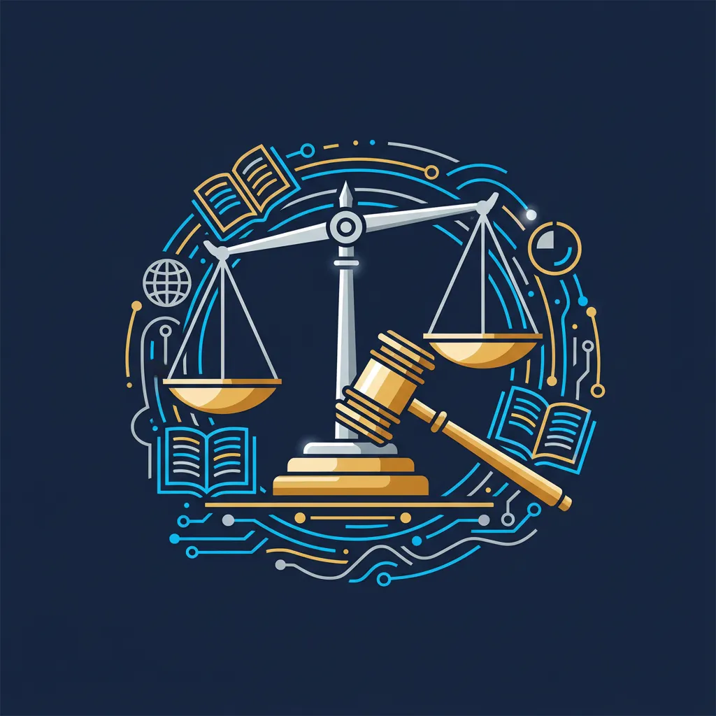 A unique, modern illustration of a balanced scale and a gavel on a dark blue background, with abstract legal motifs. No people are present. The style is clean and symbolic, representing law and justice.