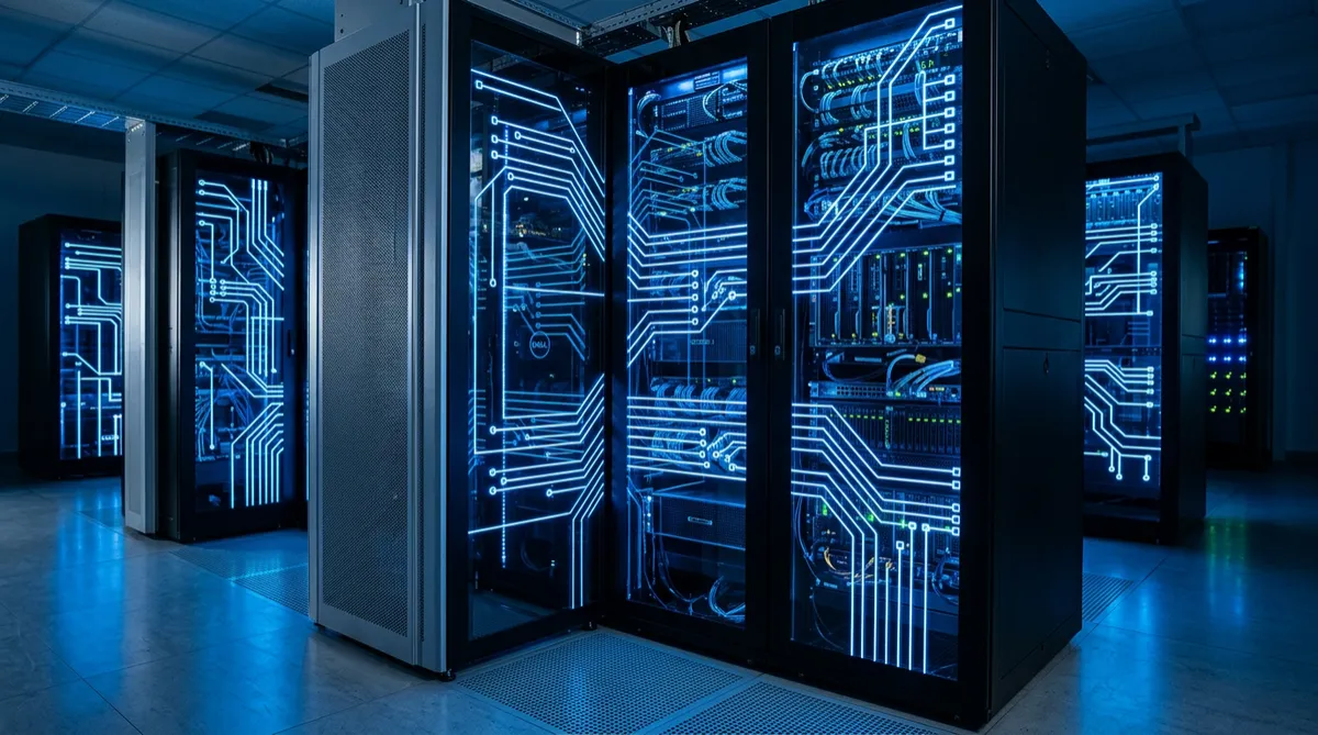 Glowing blue server racks or circuit board lines.