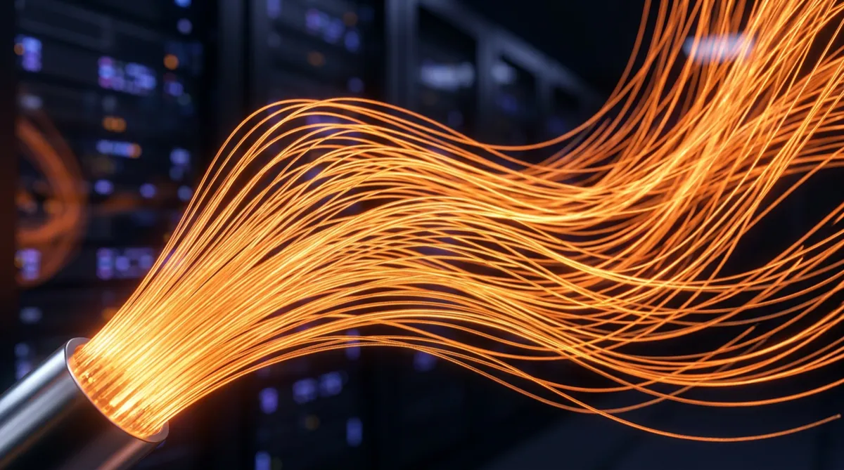 Abstract illuminated fiber optic cables or wires in warm orange light.
