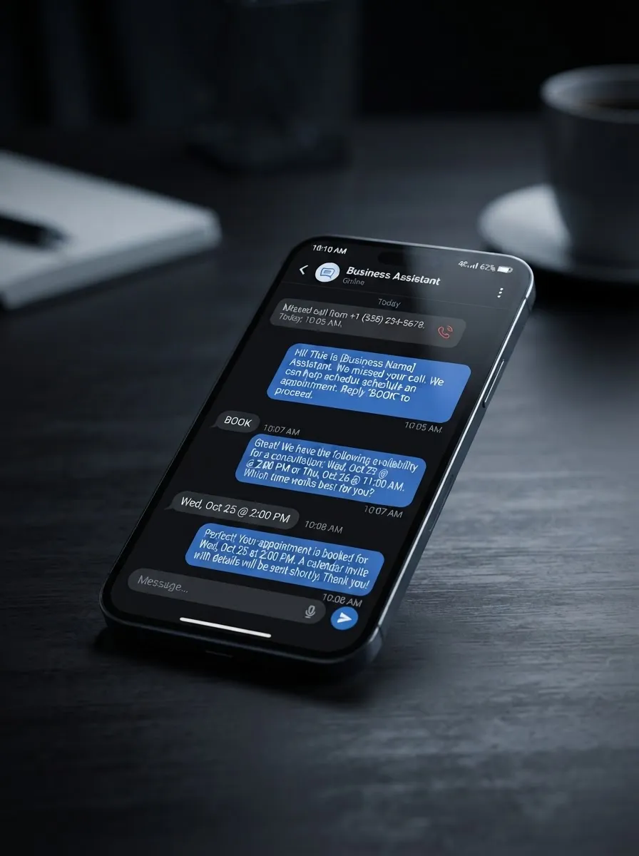Phone showing an automated text reply after a missed call and an appointment booking confirmation