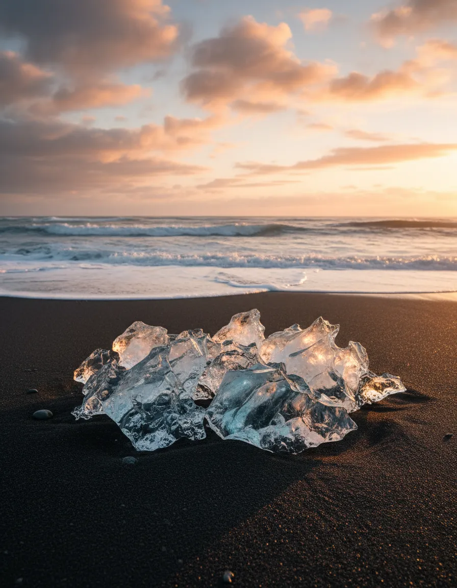 Glistening ice chunks on the volcanic black sands of Diamond Beach