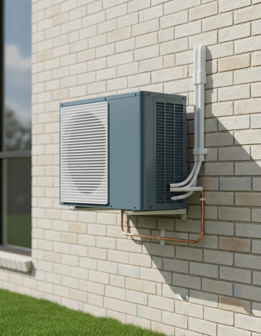 Daikin air conditioning compressor unit installed professionally on an exterior brick wall