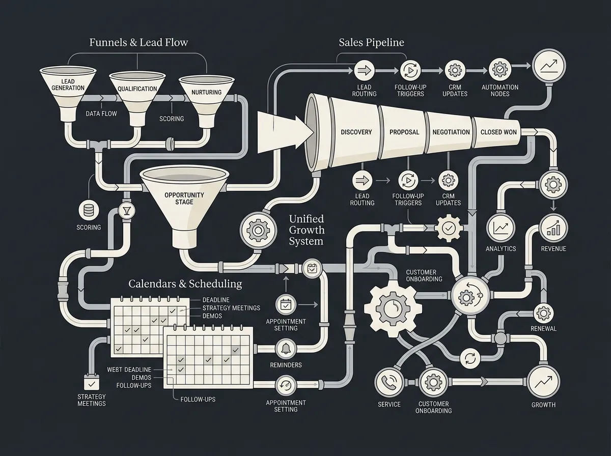 Technical architecture layout showcasing client lifecycle onboarding nodes, webhooks, and retention touchpoints