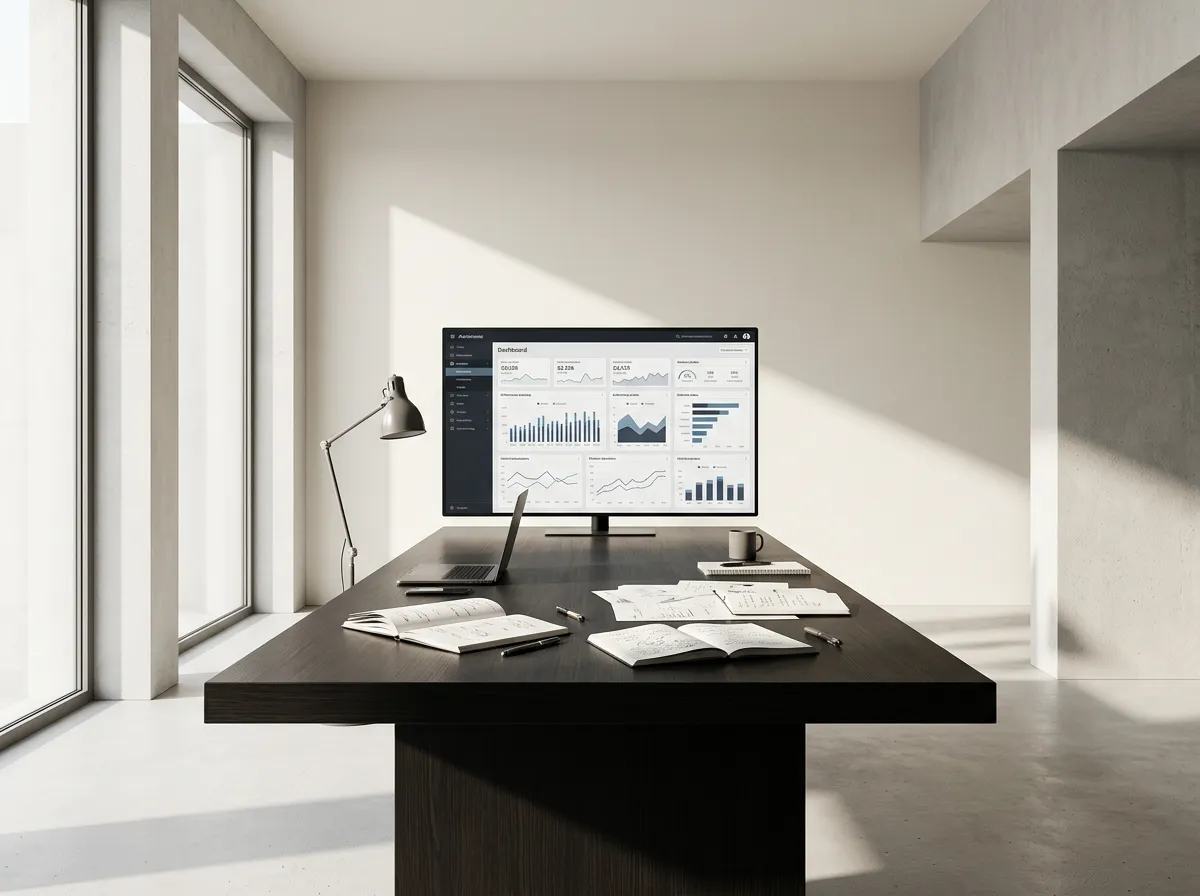 Modern architectural workspace with executive teams analyzing structured performance dashboards
