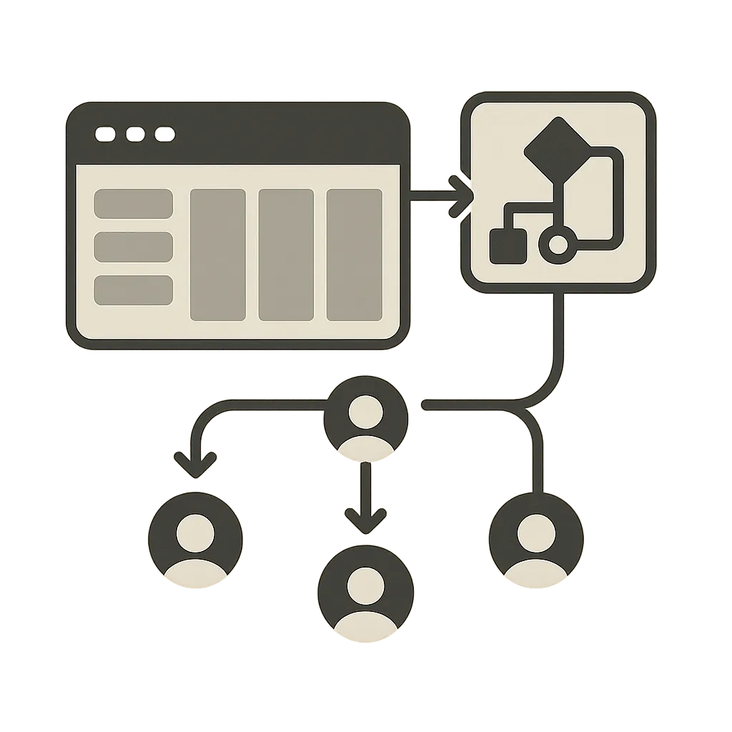 Editorial monochrome schematic illustration of GoHighLevel agency systems architecture and operational flow