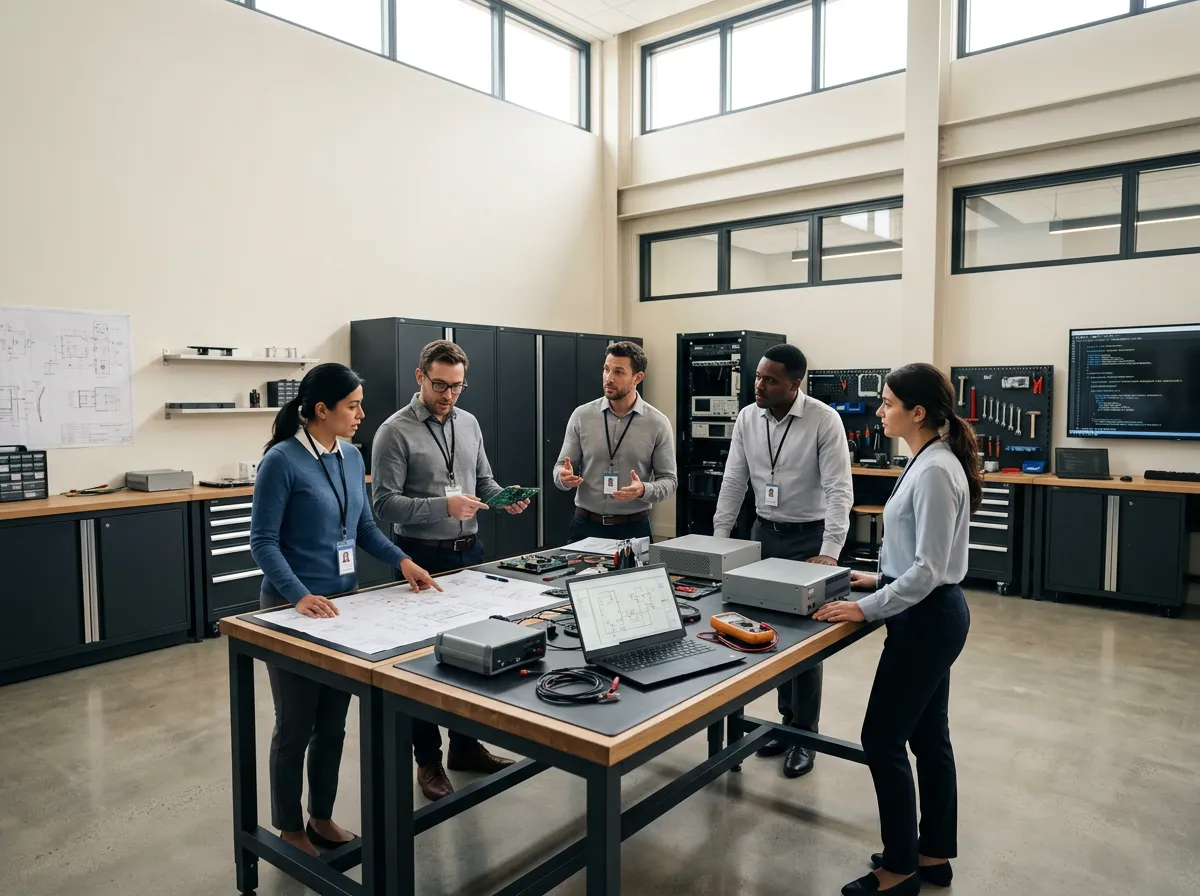 Clean minimalist engineering room with professionals collaborating on enterprise technical systems