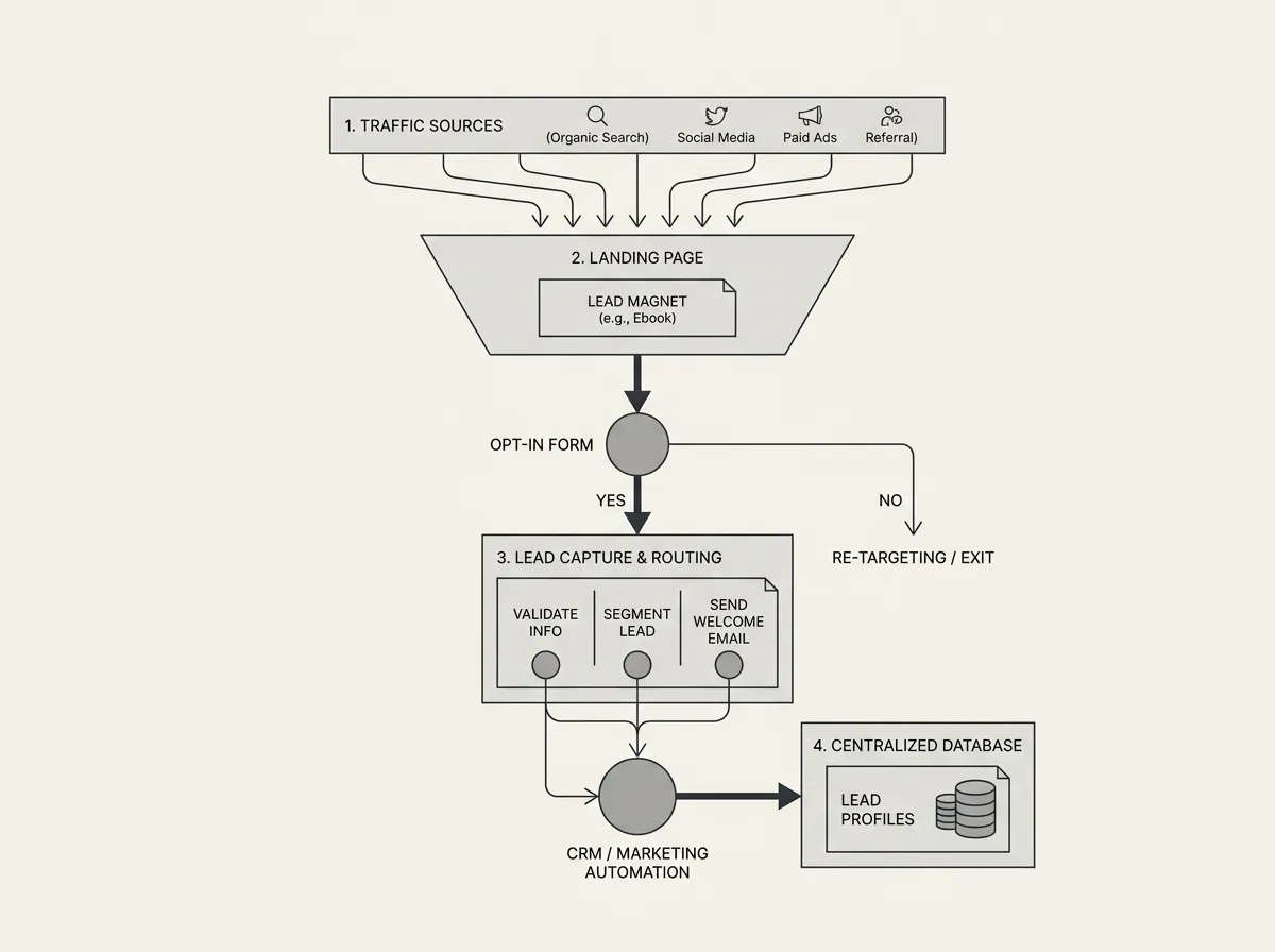 Minimalist editorial technical schematic of lead capture funnel architecture with structured forms and routing nodes